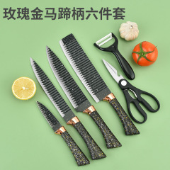 工廠不鏽鋼廚具套裝全套玫瑰金馬蹄柄六件套彩色禮品盒套裝刀