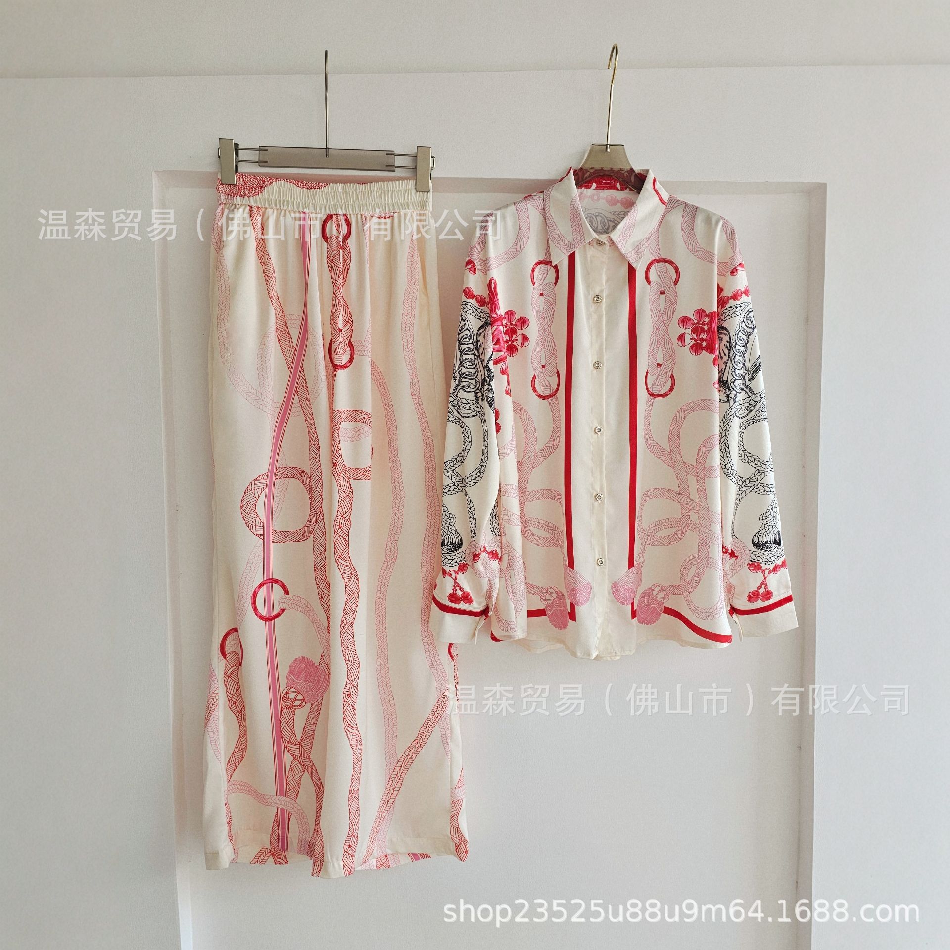French-Style Old Money Style H Brand Knotted Tie-Dye Satin Long-Sleeve Shirt and Wide-Leg Pants Slimming and Stylish Two-Piece Set