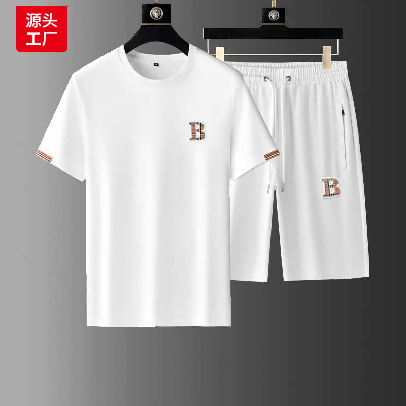 Crewneck T-shirt Shorts suit Men's Summer New Fitness Quick-drying White T Trendy Brand Men's Sports Casual Two-piece Set