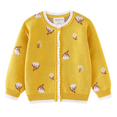 2024 Spring and Autumn New Round Neck Brocade Girl's Knitted Cardigan Long Sleeve Outerwear Pure Cotton Thickened Children's Sweater Cardigan