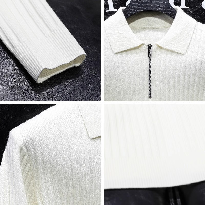 Hochwertiger Reverspullover mit Reißverschluss für Herren im Herbst und Winter im koreanischen Stil, trendiger gestreifter dicker warmer Pullover mit Polokragen für Herren_voghion.com