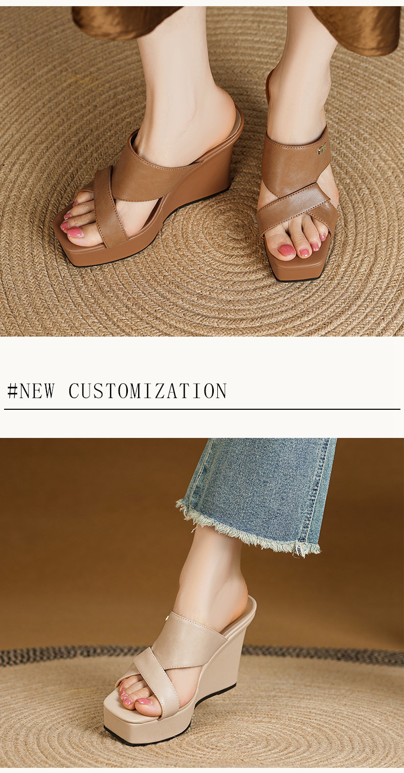 Sandal nữ hở mũi da bò đế xuồng cao gót mùa hè phong cách Âu Mỹ — màu nâu chi tiết 3