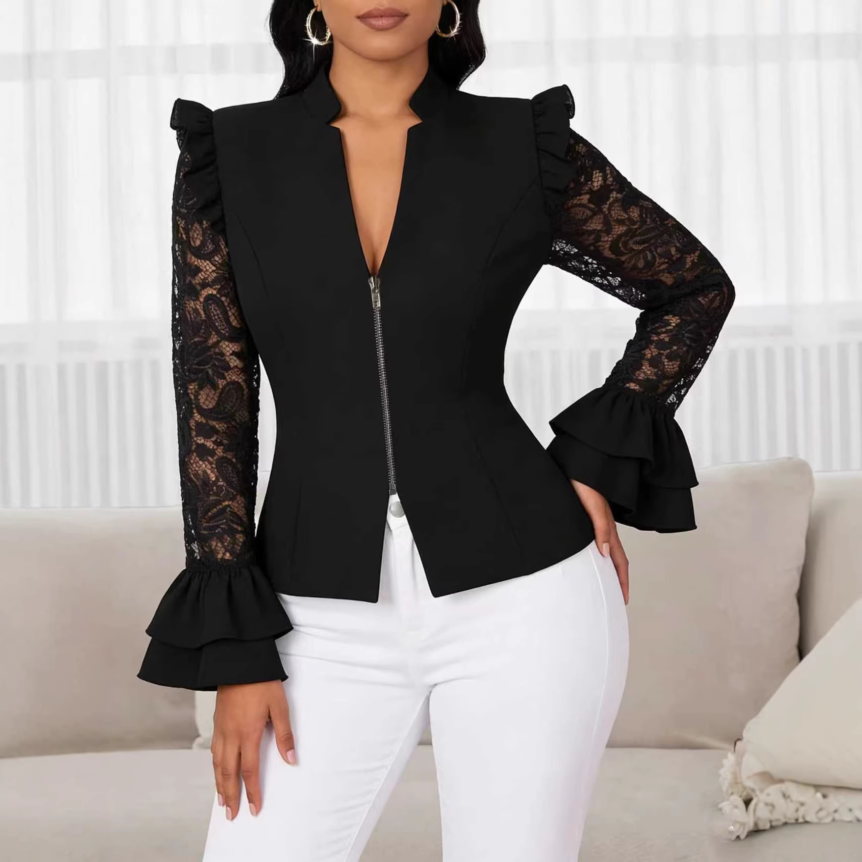 Kurze Damenbluse mit V-Ausschnitt und Spitze – Langärmliger Cardigan mit Reißverschluss (Elegant, leicht, vielseitig zum Kombinieren)_voghion.com