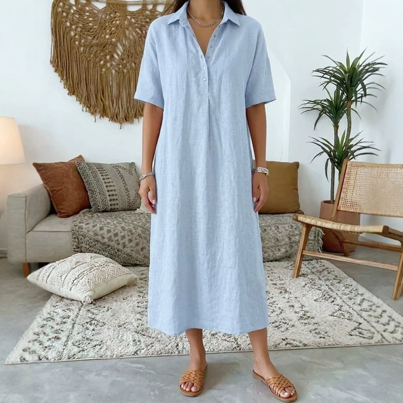 2026 Women's Spring/Summer Cross-Border Amazon New Casual Straight Comfortable Polo Collar Linen Short-Sleeve Dress 2026 Women's Spring/Summer Cross-Border Amazon New Casual Straight Comfortable Polo Collar Linen Short-Sleeve Dress
