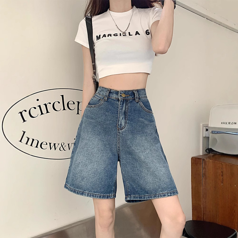 Hong Kong Style Retro Denim Shorts for Women Summer 2025 New High-Waist Slim Loose Straight Wide-Leg Shorts for Women Hong Kong Style Retro Denim Shorts for Women Summer 2025 New High-Waist Slim Loose Straight Wide-Leg Shorts for Women