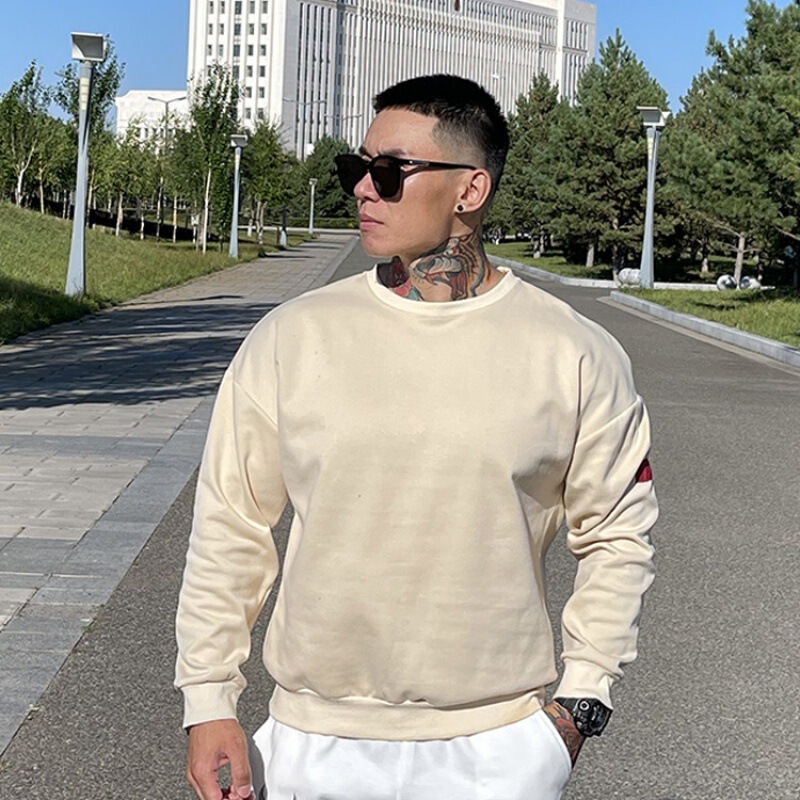 Autumn and Winter Long Sleeve Fitness Clothes Loose Large Size Sweater Men's Cotton Solid Color Casual Sportswear Running Training Pullover