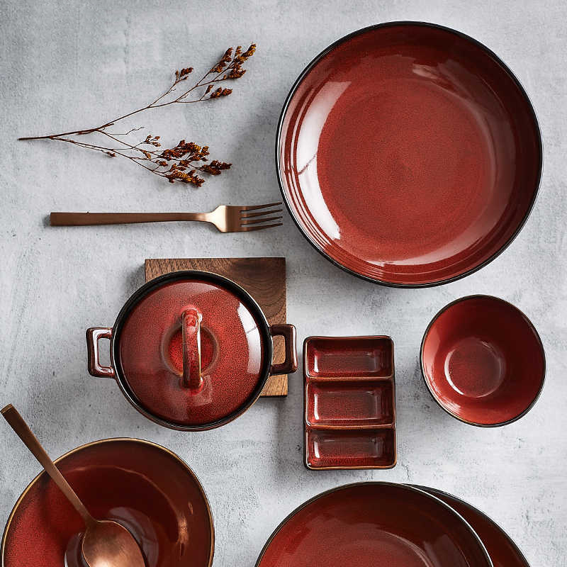 LZ Luxang cerámica horno de platos rojos coloridos horno de cubiertos de lujo ligero ensalada de frutas americana platos de platos para el hogar