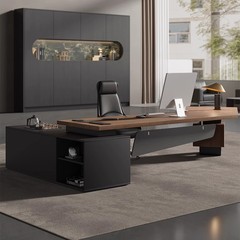 シンプルでモダンな高級無垢材デスク、ティーテーブル付き、一体型ボスデスク、エグゼクティブデスク、ライトラグジュアリー、ハイエンド