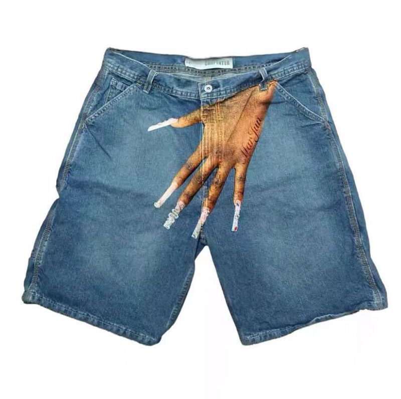 Cross-border European and American Y2K Hip Hop Trendy Pattern Printed Denim Shorts Men's High Street Trendy Brand Couple's Casual Pants