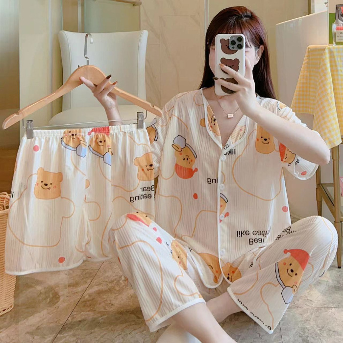 新しいカーディガンのパジャマの女性の半袖のズボンの3つのセットの漫画のかわいいレジャーの家の服の四季は外で着ることができます。|undefined
