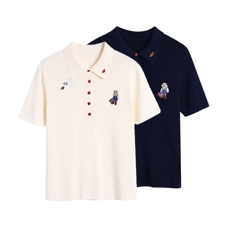 Cartoon Bear Embroidered Polo Short-Sleeved Knitwear for Women 2026 Summer New Style Casual Versatile Slimming Look Ice Silk Top