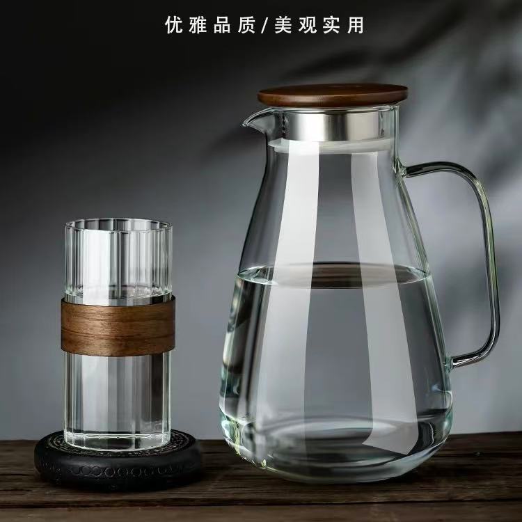 中式胡桃木冷水壶高级玻璃冷水壶高硼硅耐热凉白开水壶待客茶壶扎|undefined