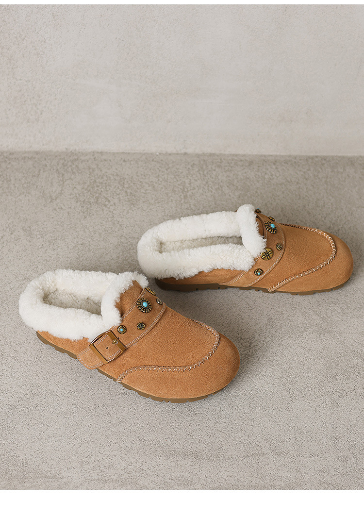Dép mule nữ lông cừu đế xốp Birkenstock phong cách đinh tán, mũi kín, lót nâng nhẹ — hổ phách chi tiết 13