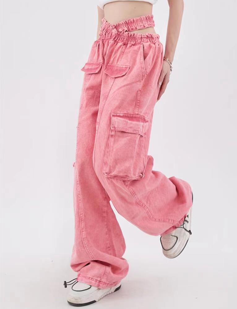 2023 AMERICAN STREET STRAIGHT OVERALLS 여성의 봄과 가을 느슨한 슬림 멀티 포켓 넓은 다리 유행 데님