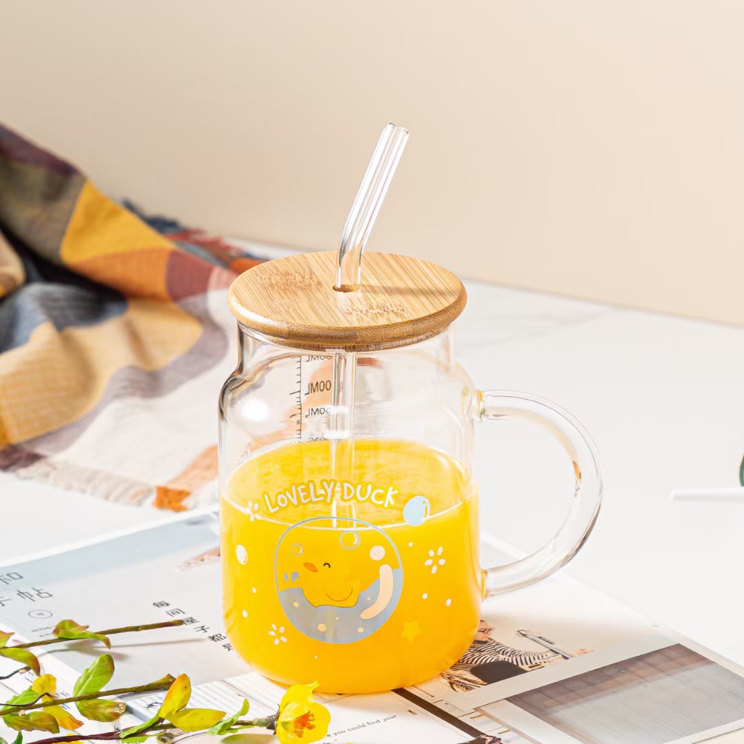Creativo lindo de dibujos animados amarillo pato paja taza de leche de vidrio personalizado lindo jugo taza café hogar taza de agua