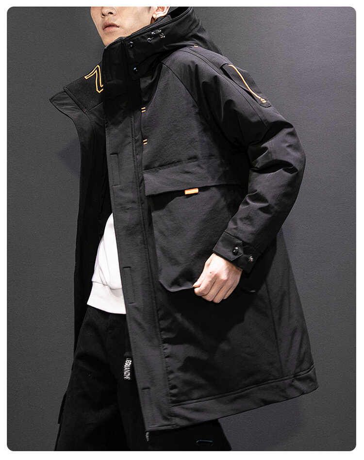 Men's Long Winter Workwear Down Jacket With Hood, Lightweight Warm Parka Coat For Cold Weather, Water-Resistant Polyester Shell, Machine Washable_voghion.com