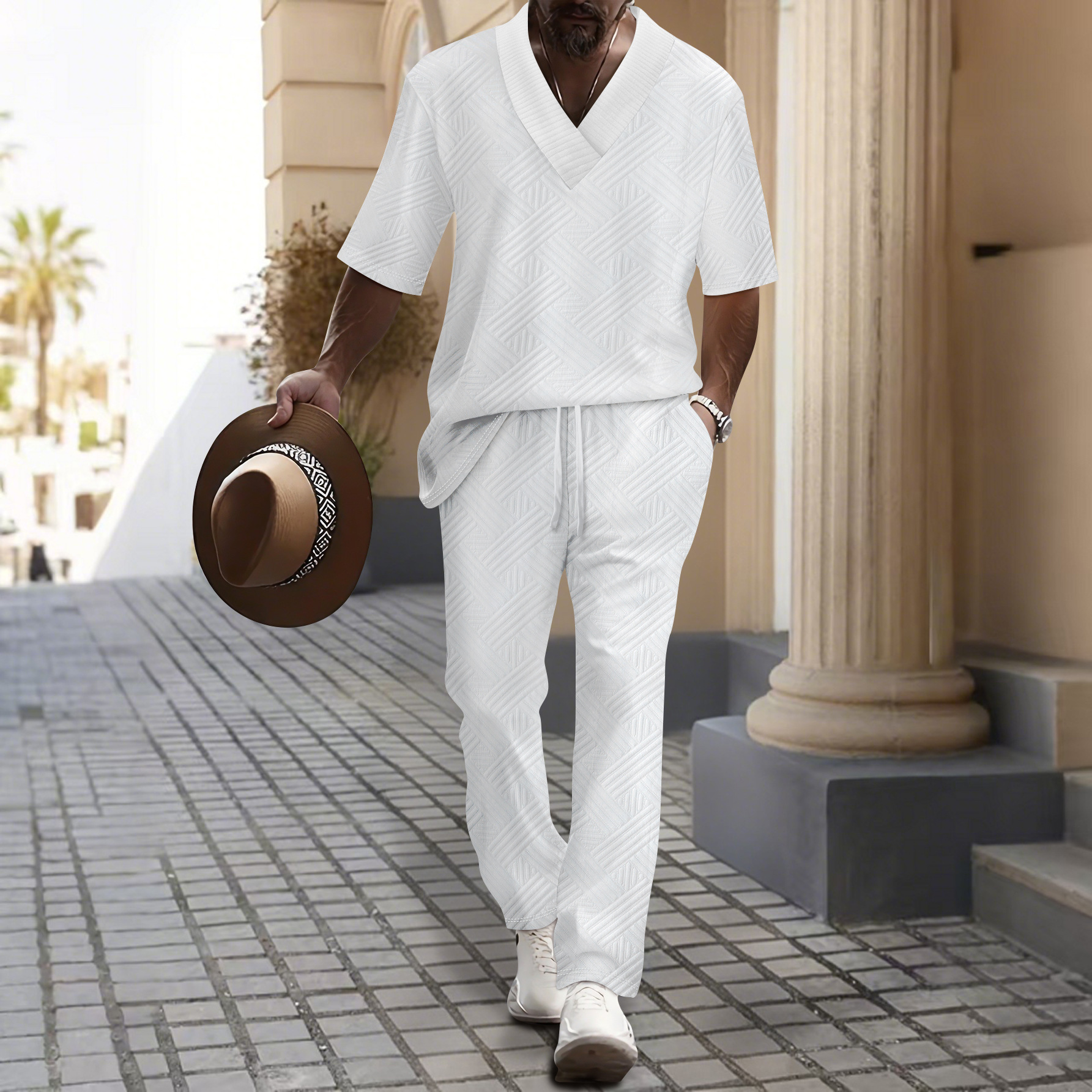 Men's Clothing Casual Short Sleeve V Neck Solid Color Jacquard Set American Style Summer Wear_viptrois.com
