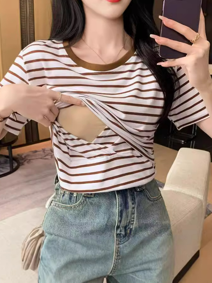 Pure Cotton Sweat-Absorbent Nursing T-Shirt Stripesd Summer Postpartum Hot Mom Confinement Period Soft and Comfortable Nursing Clothing Top Breathable