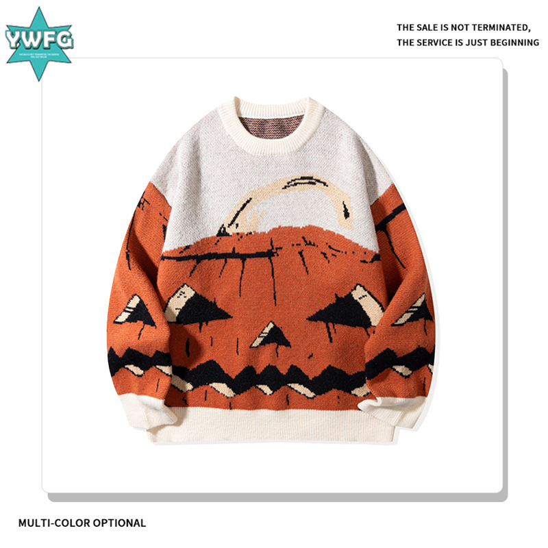 YWFG ropa de mujer retro cara de calabaza estadounidense otoño 2024 pareja superior versátil cuello redondo manga larga suéter de punto