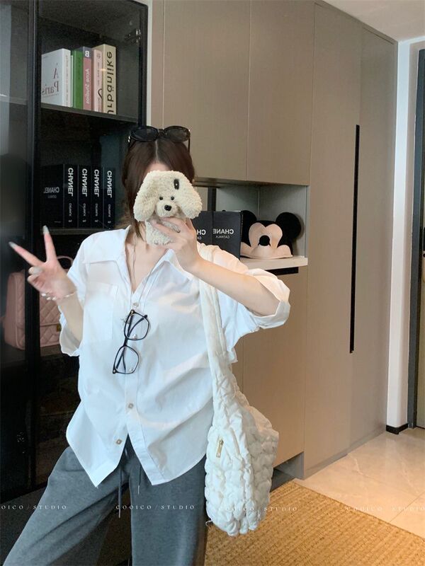 【原版品质】老钱风polo领白色衬衫女秋季宽松褶皱收腰衬衣|undefined