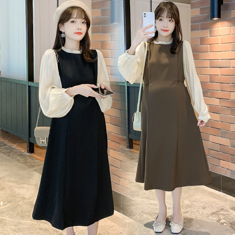 Maternity Dress 2025 Autum Fashion Splicing Fake Two-Piece Maternity Mid-Length Skirt Autum and Winter Long Sleeves