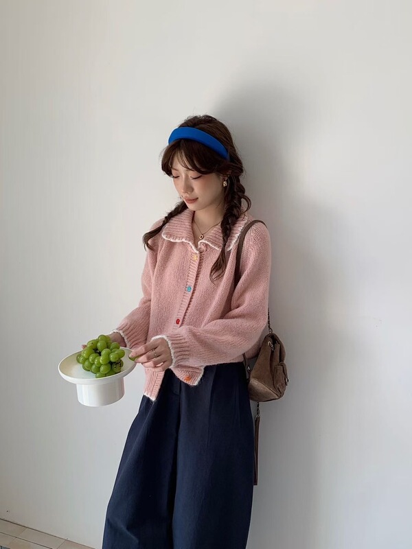 韩系拼色娃娃领彩扣针织开衫女2025秋冬新款宽松百搭软糯毛衣外套|undefined