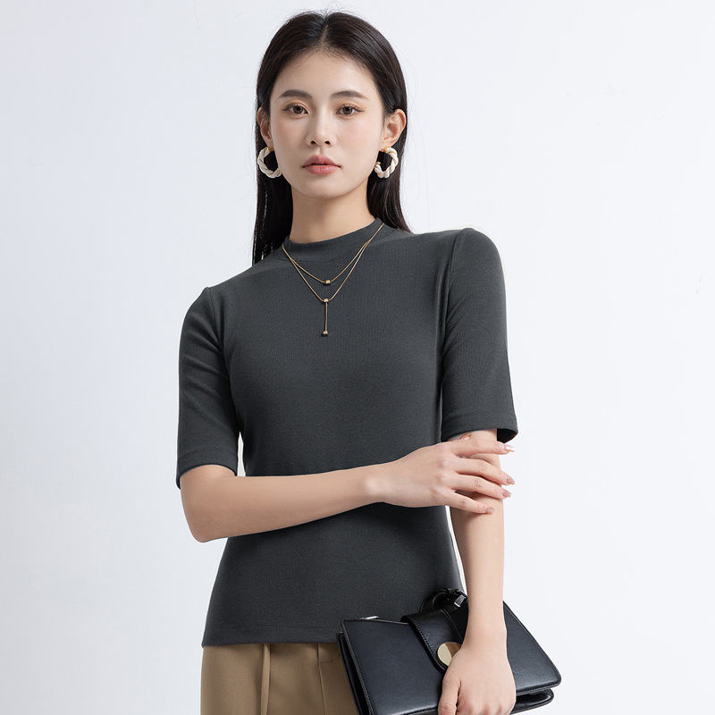 스레드 코튼 고탄성 하프 터틀넥 반소매 다크 그레이