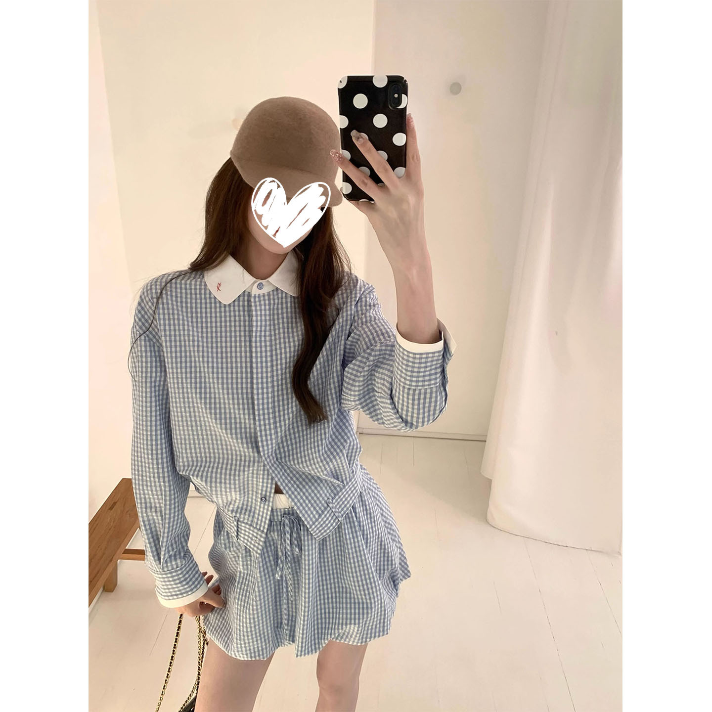 法式清冷感撞色蓝格子翻领长袖衬衫女2025早秋新款花苞裙短裙套装