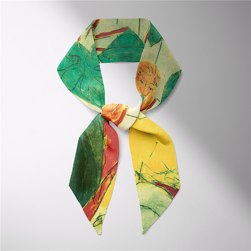 Verano larga pequeña bufanda de seda femenina Van Gogh campo de trigo cielo estrellado pintura al óleo delgada estrecha larga pequeña bufanda de seda corbata de pelo decoración femenina