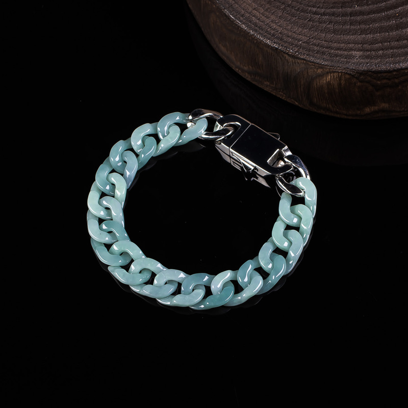 Authentic Jadeite A-Grade Blue Water Fine Craftsmanship Cuban Chain Bracelet with Stainless Steel Adjustable Clasp Exquisite Jade for Men and Women Wholesale