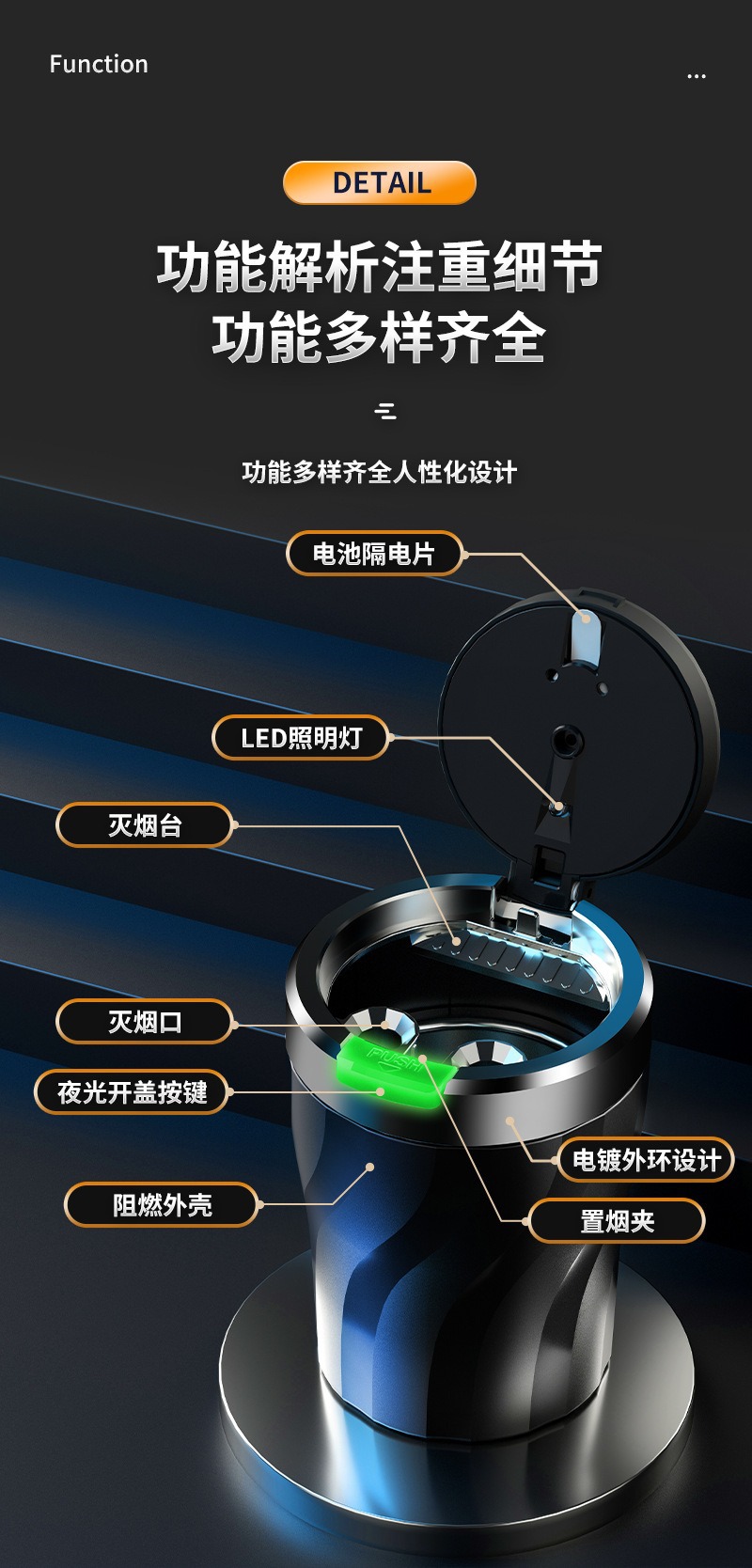 Manufacturer Wholesale New Car Ashtray with Light, One-Click Opening Lid, Luminous Creative Portable Ashtray Liner