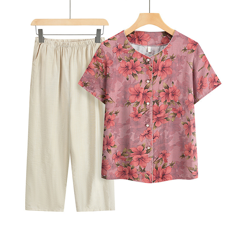 Mother's Summer Round Neck Short-sleeved T-shirt suit Printed Top Two-piece Loose Casual Comfortable Women's Clothes Mother's Summer Round Neck Short-sleeved T-shirt suit Printed Top Two-piece Loose Casual Comfortable Women's Clothes