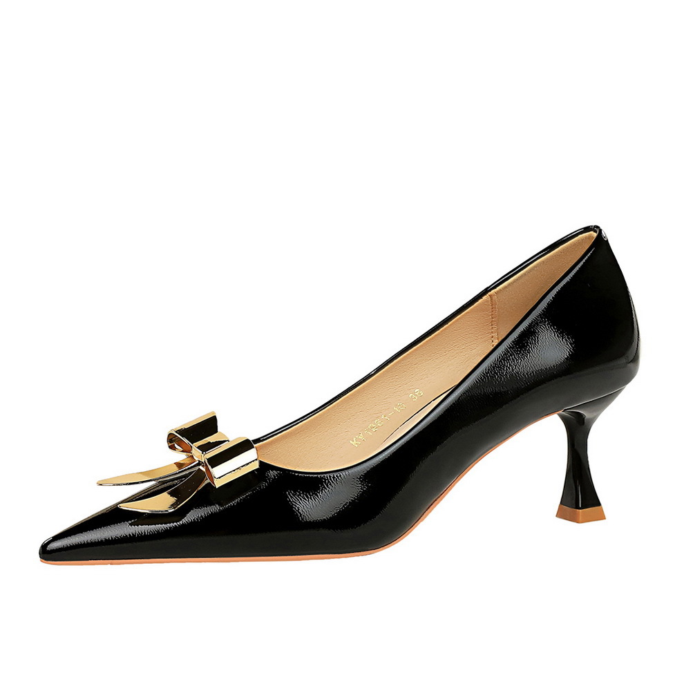 1961-K68 Fashion Pointed Toe Stiletto Heel Women's Metal Bow Patent Leather Shiny Single Shoes Shallow Comfortable Low_vogvips.com