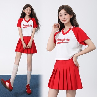 New Red Group Sports Fabric Polo Shirt Short-Sleeved Top T-Shirt + Versatile Pleated Skirt Red Ready Stock
