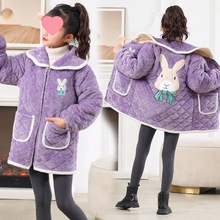 新款男女童罩衣冬季外穿长袖三层夹棉加绒加厚连帽棉服外衣家居服