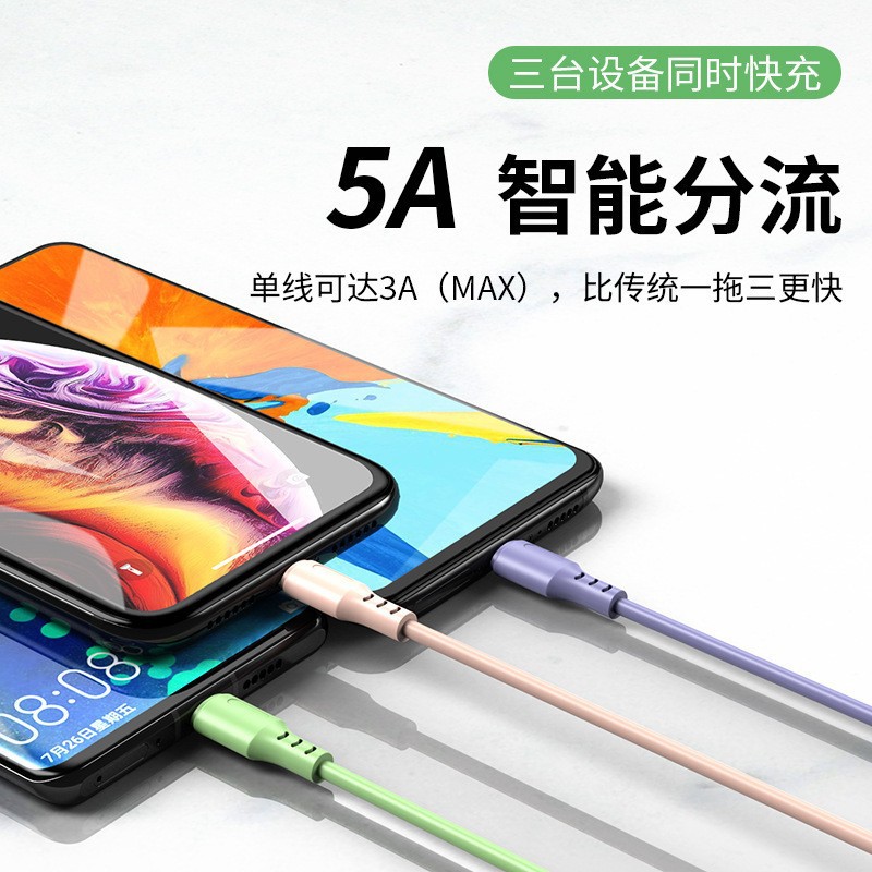 Sıvı Silikon Üçlü USB Veri Kablosu 3A Hızlı Şarj Üç-in-Bir Cep Telefonu Apple Huawei Android Uyumlu Veri Kablosu