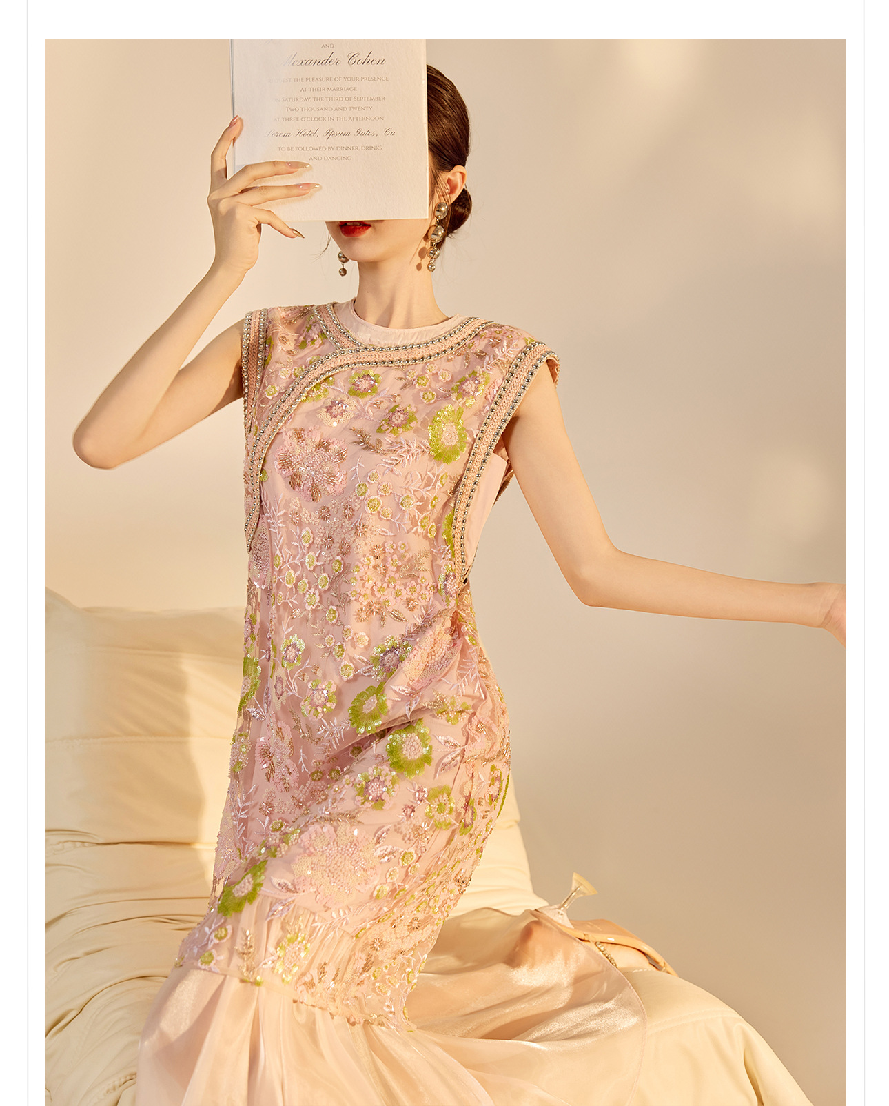 Váy sườn xám maxi thêu sequin phong cách Trung Quốc mới mùa hè N5042 — hồng, Xanh lam sông băng chi tiết 23