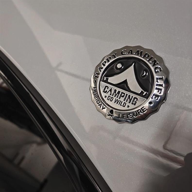 Camping car emblem, personalized creative car decal for outdoor adventures, mountain climbing, travel car body decoration, metal rear car emblem