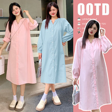 孕妇衬衫裙2025春装新款连衣裙小清新甜美宽松型单排扣长裙