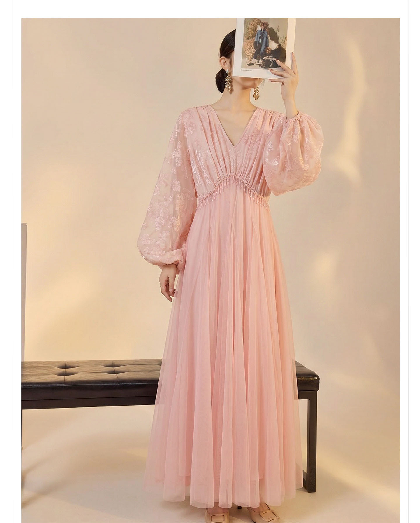 Đầm maxi nữ cổ V tay dài phong cách Trung Quốc mới, thiết kế thắt eo, dáng suông nhẹ — màu hồng chi tiết 17