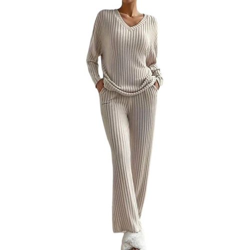 New Autumn Set Home Fashion Casual Straight Leg Pants Elegant Loose V-Neck Striped Two-Piece Set