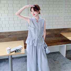 轻熟风蕾丝无袖立领衬衫套装女夏季2026新款高端大气阔腿裤两件套