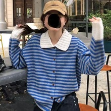 新款韩系针织衫复古条纹针织开衫秋冬撞色慵懒宽松上衣毛衣外套女