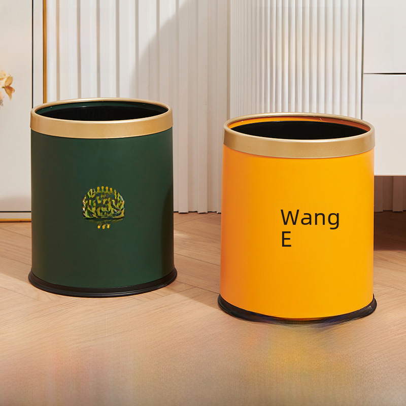 Light luxury round Nordic-style double-bin trash can, high-value green plastic cylinder with printed design for home living room and bedroom, wholesale