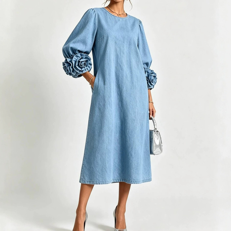 2026 European and American Autumn New Elegant Faux Denim Loose Floral Round Neck Pocket Long Sleeve Dress 2026 European and American Autumn New Elegant Faux Denim Loose Floral Round Neck Pocket Long Sleeve Dress