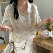 26新款小红书爆款全棉双层纱简约方领短袖长裤家居服可爱卡通睡衣