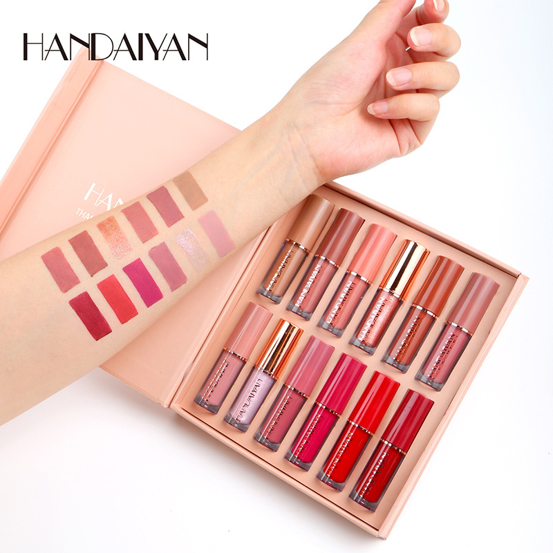 Esmalte labial transfronterizo esmalte labial perlado brillo 12 colores HANDAIYAN impermeable no pegajoso mate mate al por mayor esmalte labial