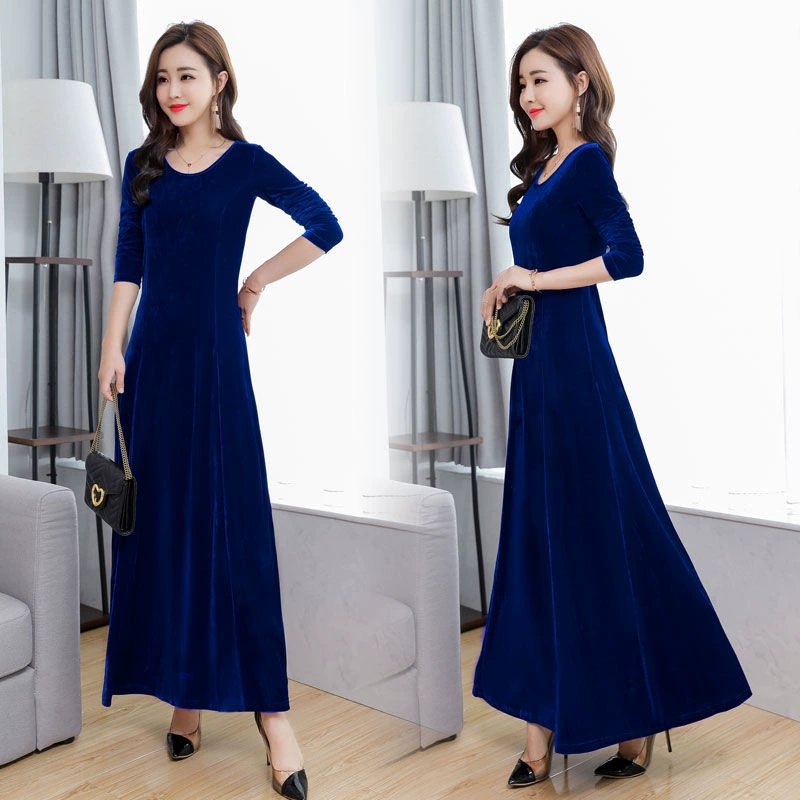 Трансграничная весна, осень и зима новое золотое бархатное платье темперамент длинный круглый вырез с длинным рукавом большой размер юбка