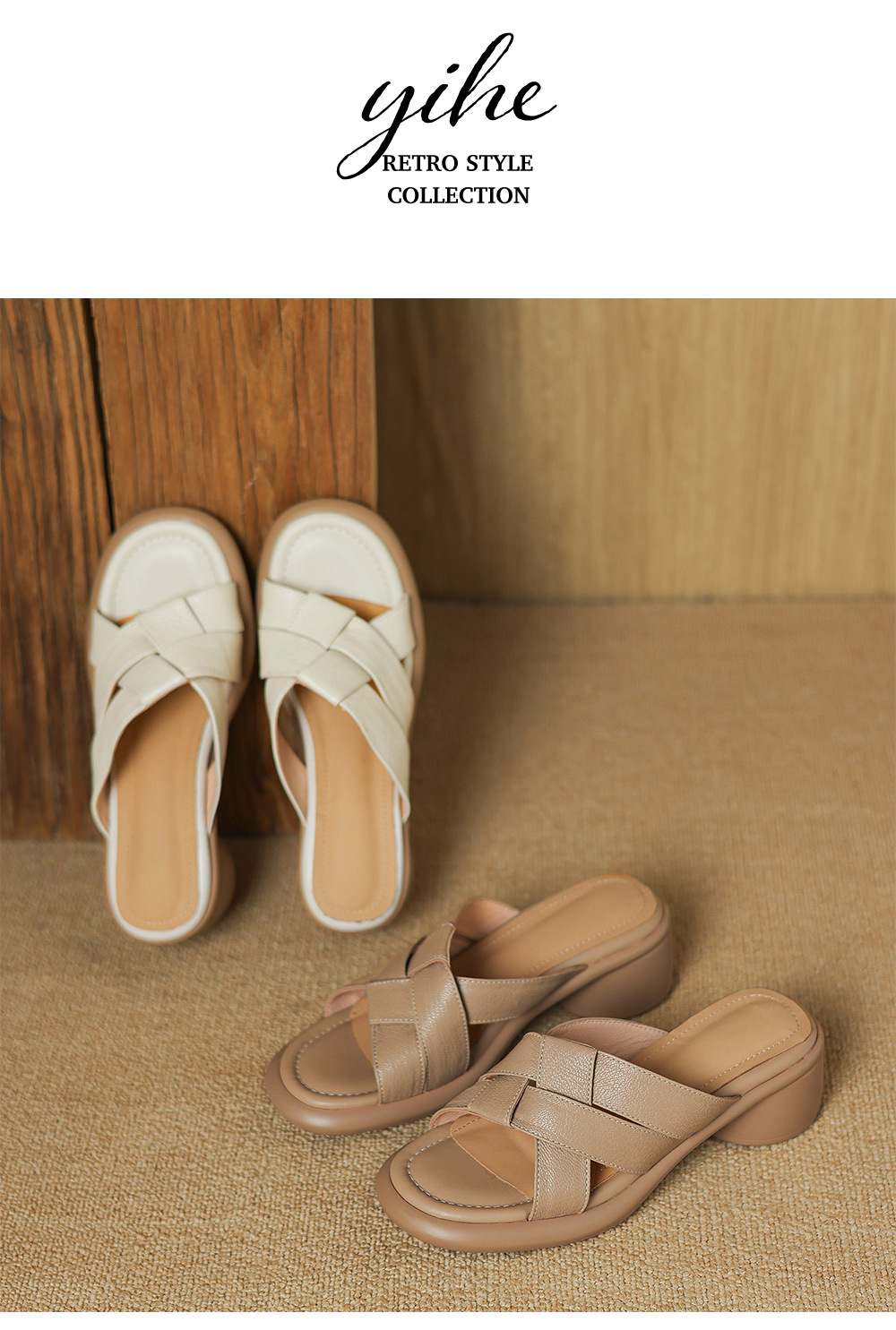 Sandal nữ hở mũi dệt da dê gót cao 7 cm — màu trắng ngà chi tiết 13