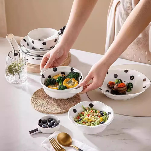 High-looking black and white polka dot ritual ceramic rice salad bowl home bowl dish plate one person food tableware bowl plate